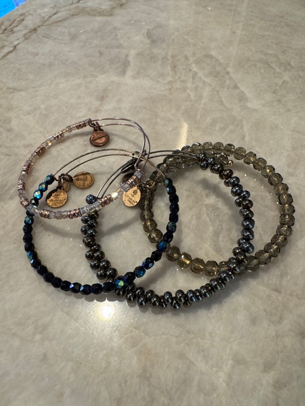 Alex and Ani Mixed Beaded Stackable Bracelets in Black, Gray, Gold